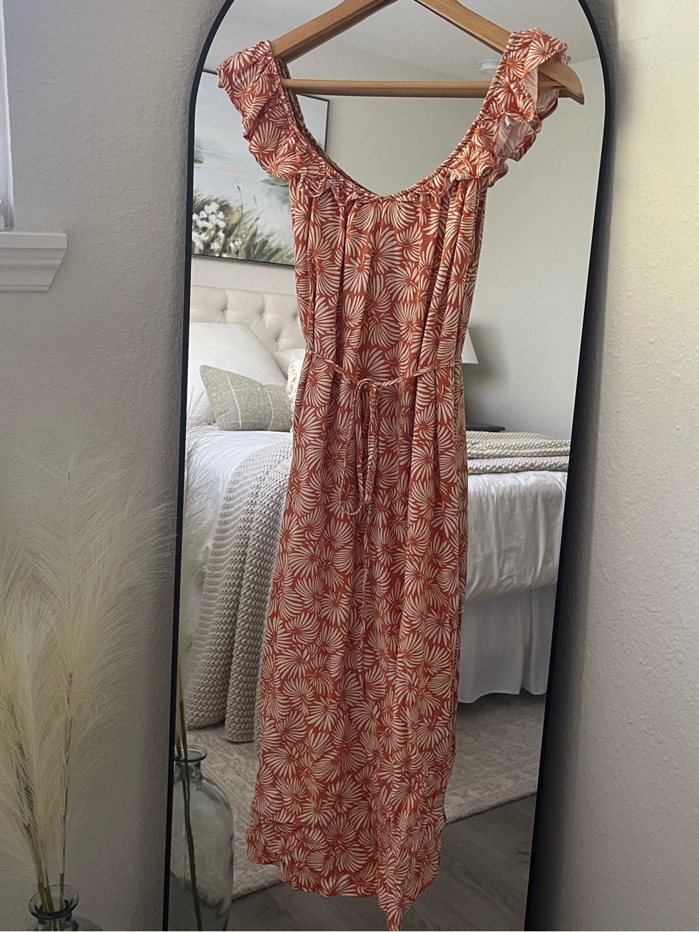 LOFT Orange Palm Leaf Ruffle-Shoulder Maxi Dress